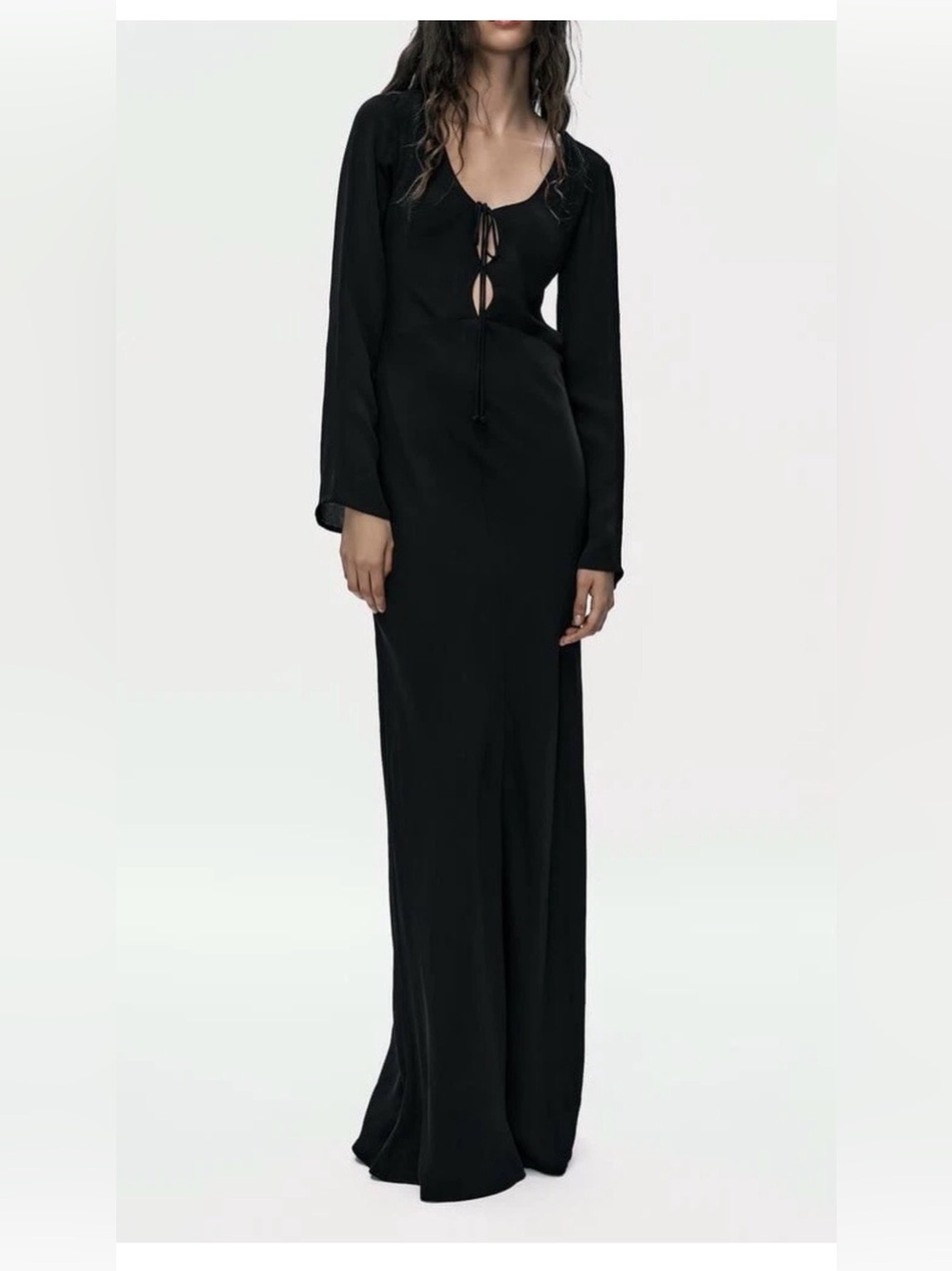 Zara Black Long Open Back Dress Viscose Cut Out Details Long Sleeves S